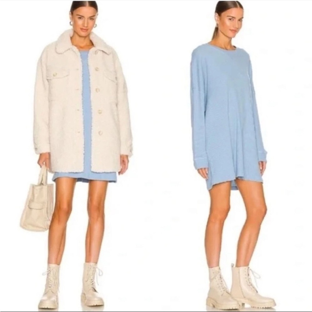 Free People Women's‎ Early Night Thermal Oversized Top Blue Crew Neck Size Small